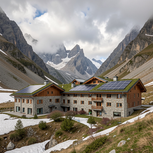 Bâtiments alpins adaptés aux changements climatiques dans une vallée montagneuse, avec toits végétalisés, panneaux solaires, protections solaires et gestion des eaux de pluie.