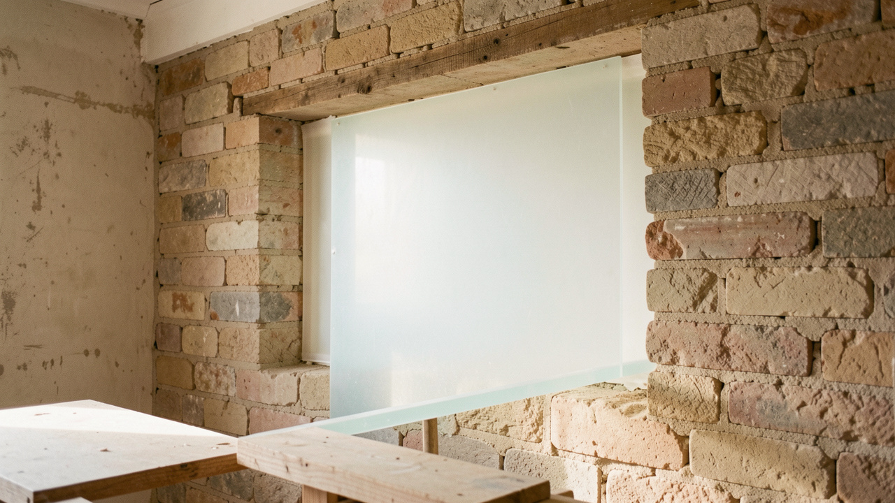 Panneaux d’aérogel translucides posés en couche mince dans le mur d’un bâtiment ancien, illustrant une rénovation thermique qui conserve l’espace intérieur.