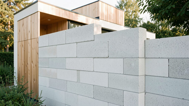 Blocs de béton cellulaire formant le mur d’un bâtiment moderne et écoénergétique, avec une texture poreuse visible et une construction précise.