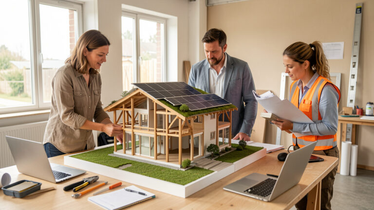 Une architecte, un ingénieur civil et une responsable de chantier examinent ensemble la maquette numérique 3D d’un bâtiment écoresponsable dans un studio de construction moderne.