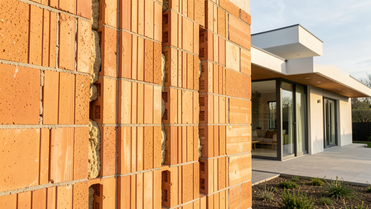 Section détaillée d’un mur en brique monomur avec alvéoles et isolation thermique, intégré à une maison moderne écoénergétique.