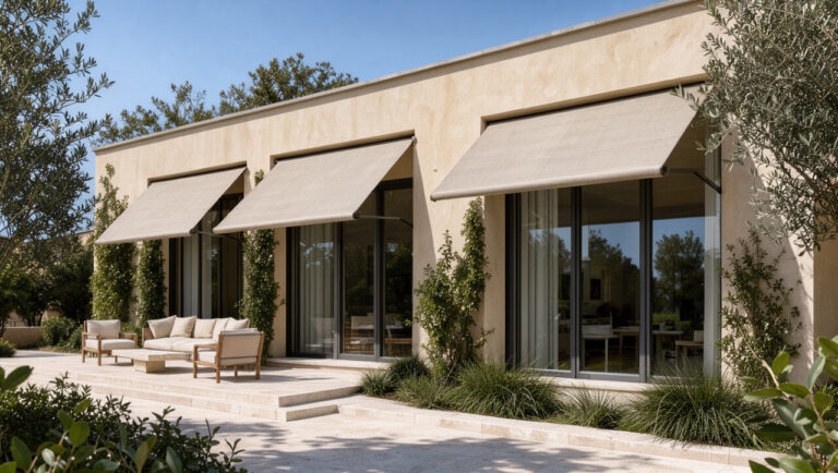 Maison moderne équipée de protections solaires extérieures et de stores orientables pour limiter la chaleur estivale.