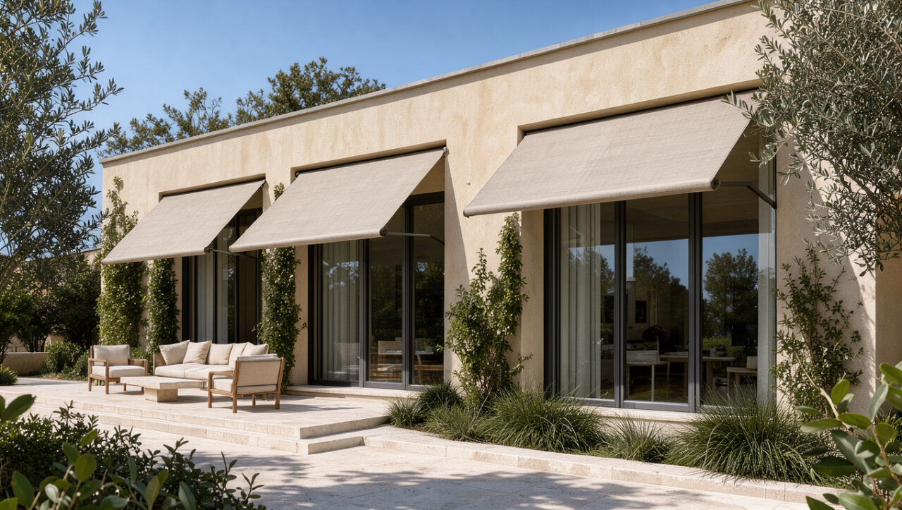 Maison moderne équipée de protections solaires extérieures et de stores orientables pour limiter la chaleur estivale.