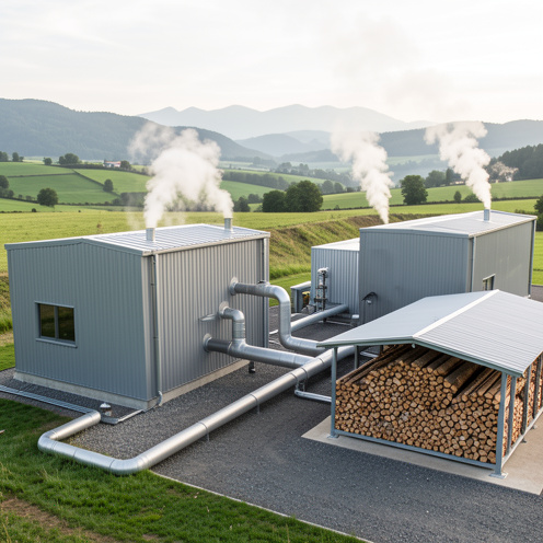 Installation industrielle combinant une centrale géothermique et une unité de chauffage à biomasse, entourée de verdure et de montagnes.