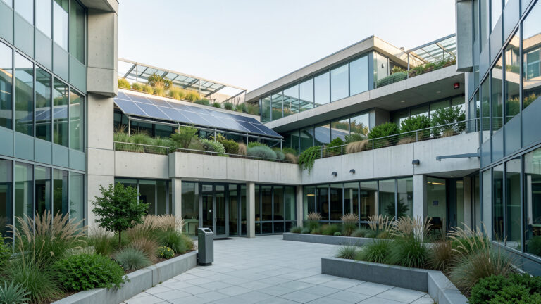 Bâtiment de bureaux moderne en cours de rénovation durable, avec terrasses végétalisées, panneaux solaires, récupération des eaux de pluie et aménagement paysager naturel.