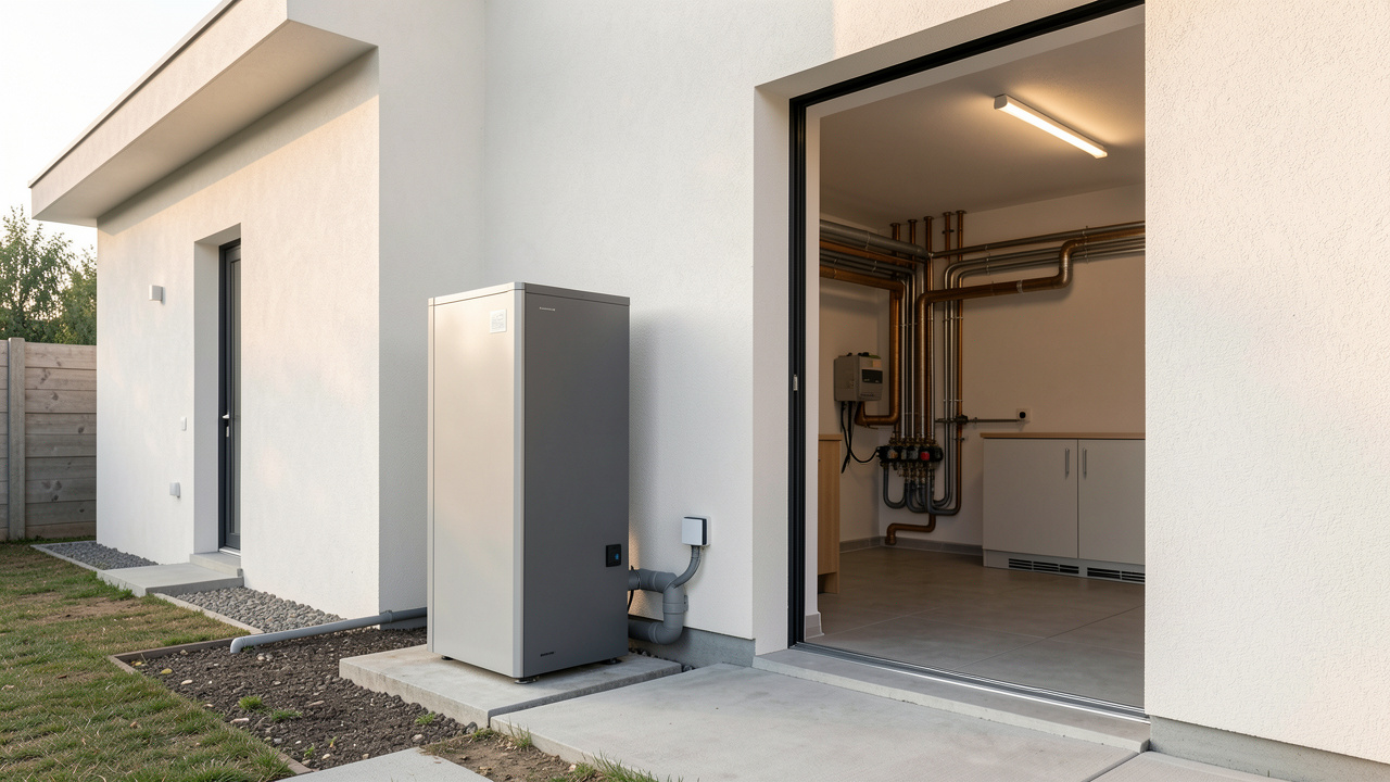 Pompe di calore aria-acqua installata accanto a una casa contemporanea riqualificata, con collegamenti all'impianto di riscaldamento domestico.