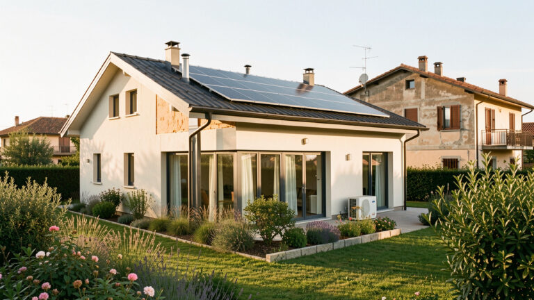 Maison résidentielle rénovée avec panneaux solaires, isolation extérieure, fenêtres performantes et pompe à chaleur, illustrant l’amélioration de l’efficacité énergétique et la valorisation du bien.
