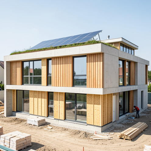 Bâtiment moderne en cours de construction et de réhabilitation, équipé d’une isolation performante, de fenêtres efficaces, de panneaux solaires et d’un toit végétalisé.