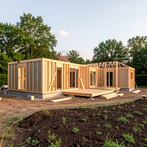 Maison préfabriquée en bois en cours d’assemblage sur un chantier paysager, avec une structure en bois visible et des panneaux isolants.