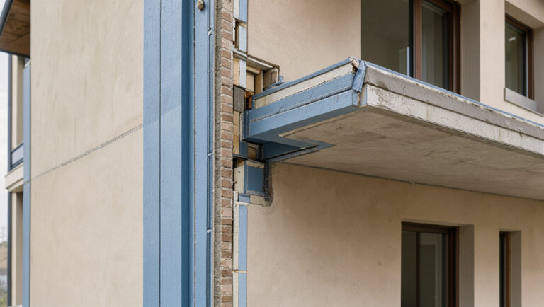 Coupe architecturale d’un bâtiment rénové montrant l’isolation extérieure continue et le traitement des jonctions pour limiter les ponts thermiques, les moisissures et les déperditions de chaleur.
