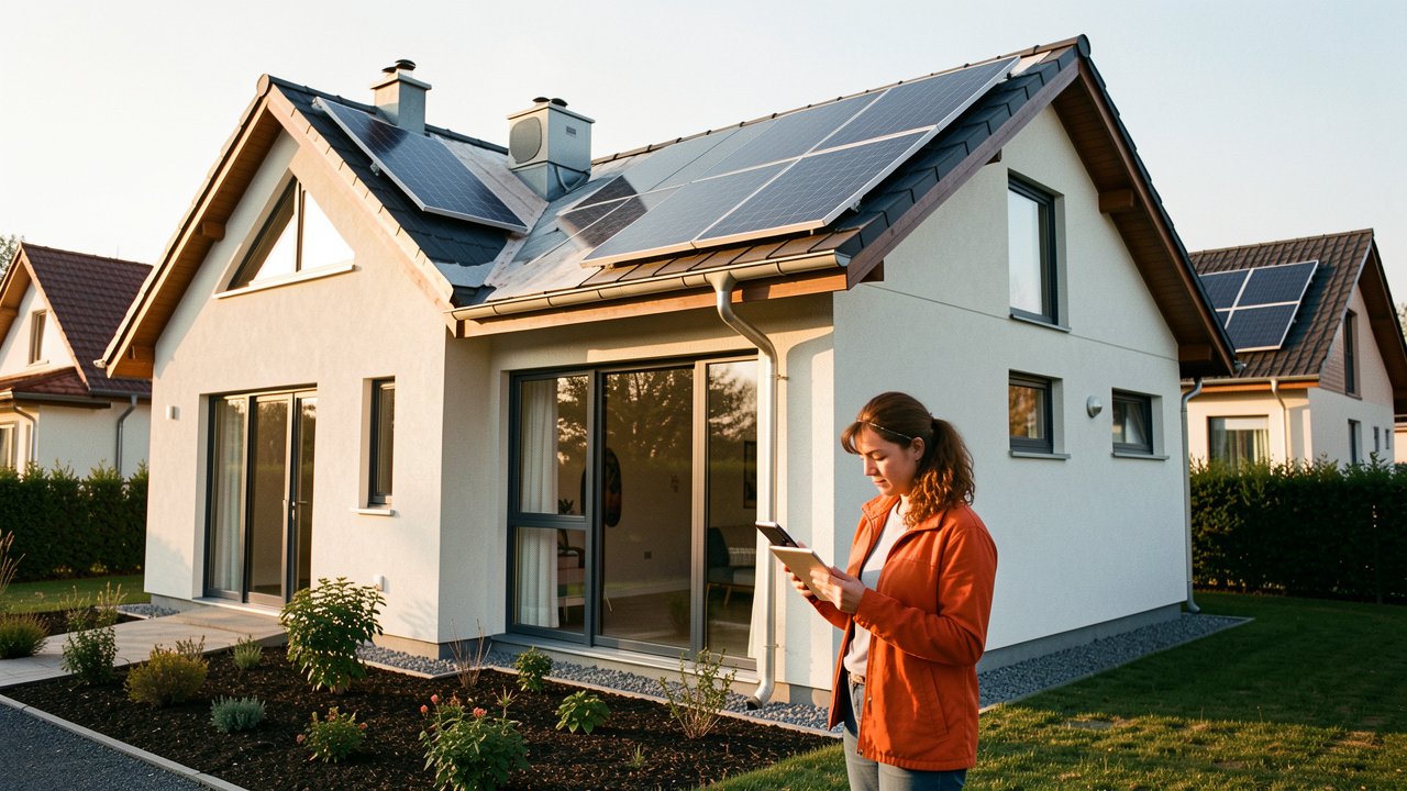 Maison moderne équipée de panneaux solaires, de fenêtres performantes, d’une isolation renforcée et d’une pompe à chaleur, inspectée par une auditrice énergétique.