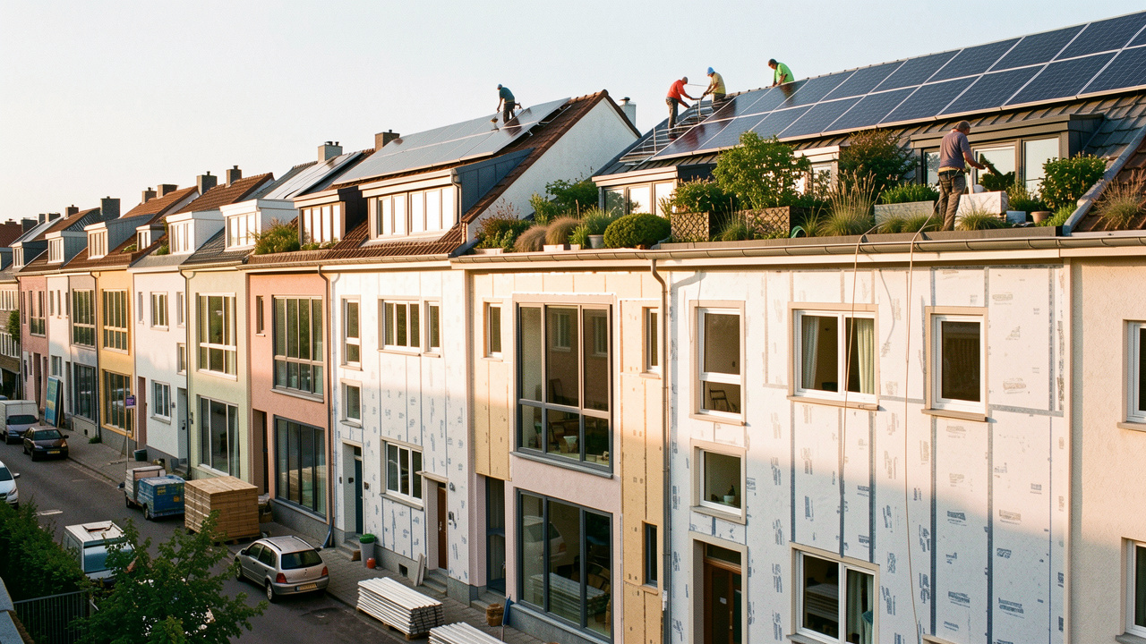 Immeubles résidentiels européens en cours de rénovation énergétique avec isolation extérieure, panneaux solaires, fenêtres performantes et toitures végétalisées.
