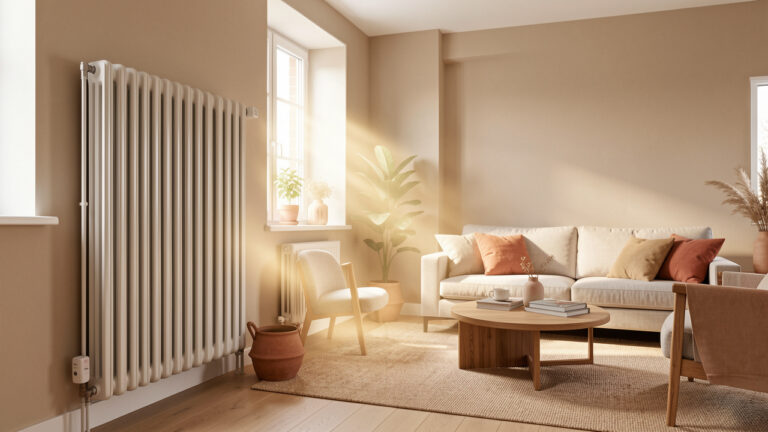 Intérieur lumineux avec plusieurs radiateurs réglés pour répartir uniformément la chaleur et améliorer le confort tout en réduisant les gaspillages.