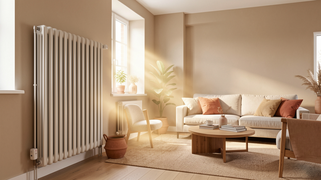 Intérieur lumineux avec plusieurs radiateurs réglés pour répartir uniformément la chaleur et améliorer le confort tout en réduisant les gaspillages.