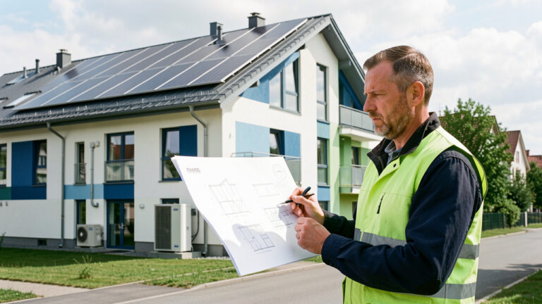 Expert en rénovation énergétique inspectant un immeuble modernisé équipé de panneaux solaires, d’une pompe à chaleur et d’une isolation performante.