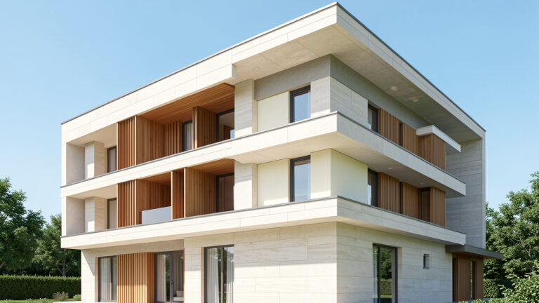 Bâtiment moderne doté d’une façade ventilée en pierre claire et bois, illustrant l’isolation thermique, le confort estival et la durabilité de la construction.