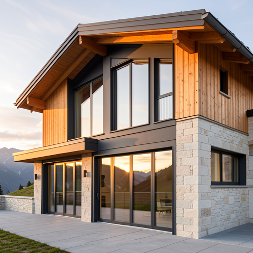 Bâtiment alpin contemporain doté de fenêtres performantes, de portes vitrées et d’une enveloppe extérieure élégante en bois, pierre et verre.