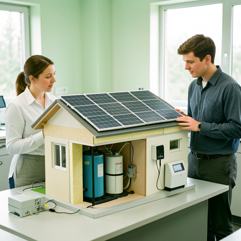 Une formatrice et un apprenti étudient une maquette de bâtiment durable et des équipements liés à l’efficacité énergétique dans un laboratoire moderne.