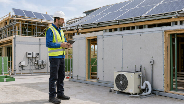 Gestionnaire énergétique masculin en tenue de sécurité inspectant les équipements d’un bâtiment durable sur un chantier moderne.
