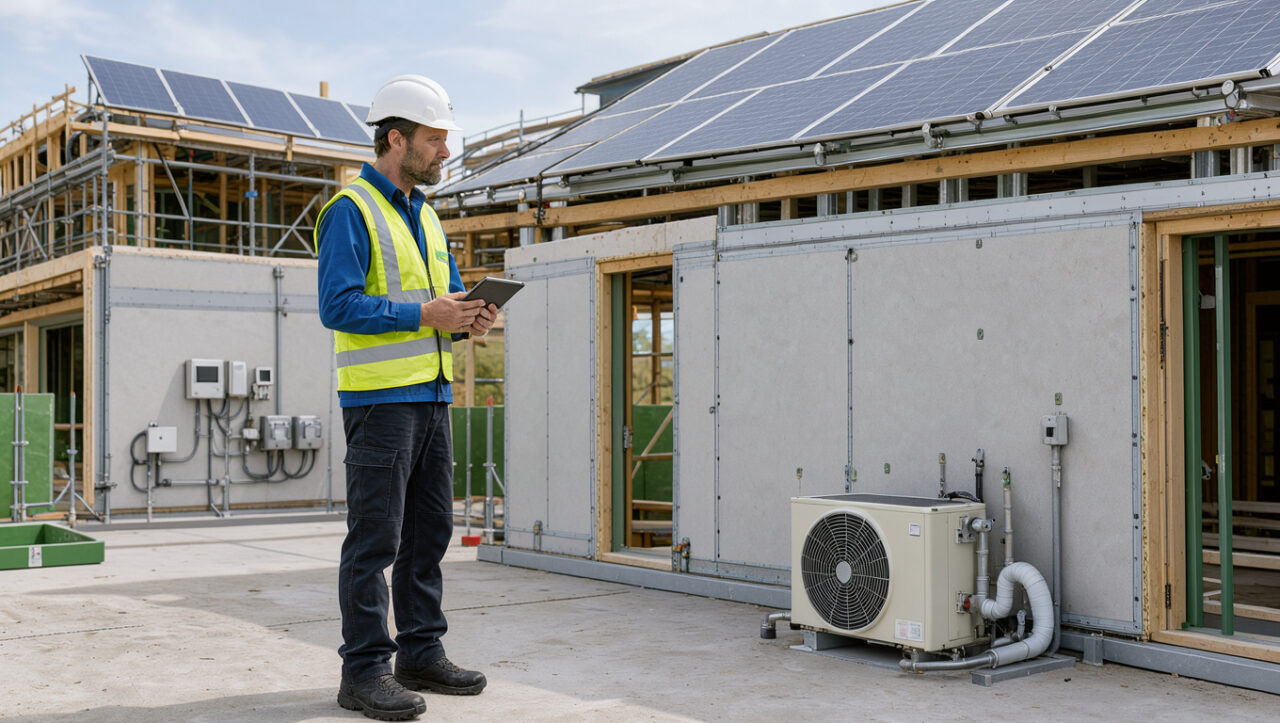 Gestionnaire énergétique masculin en tenue de sécurité inspectant les équipements d’un bâtiment durable sur un chantier moderne.