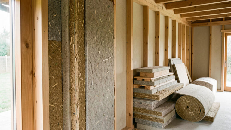 Panneaux d’isolation en textile recyclé installés dans le mur intérieur d’un bâtiment durable.