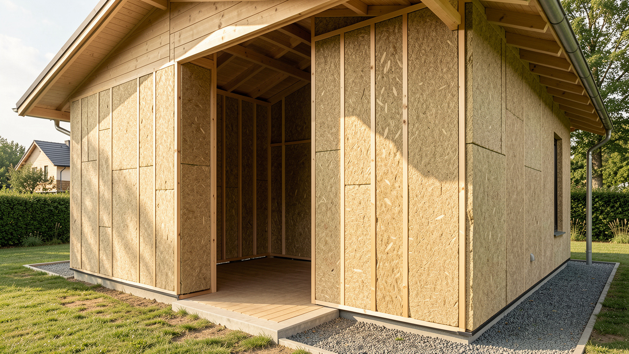 Maison moderne durable avec panneaux isolants en chanvre naturel visibles dans une paroi ouverte, illustrant le confort thermique et l’efficacité énergétique.