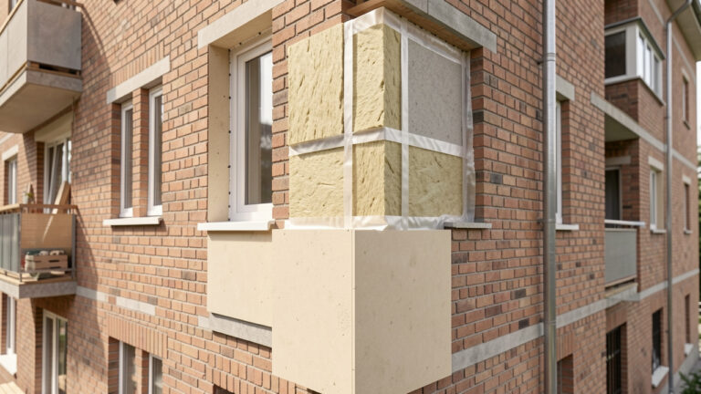 Vue en coupe d’un bâtiment ancien montrant la mise en place d’une isolation thermique intérieure avec panneaux isolants, pare-vapeur et finition en plaques de plâtre.