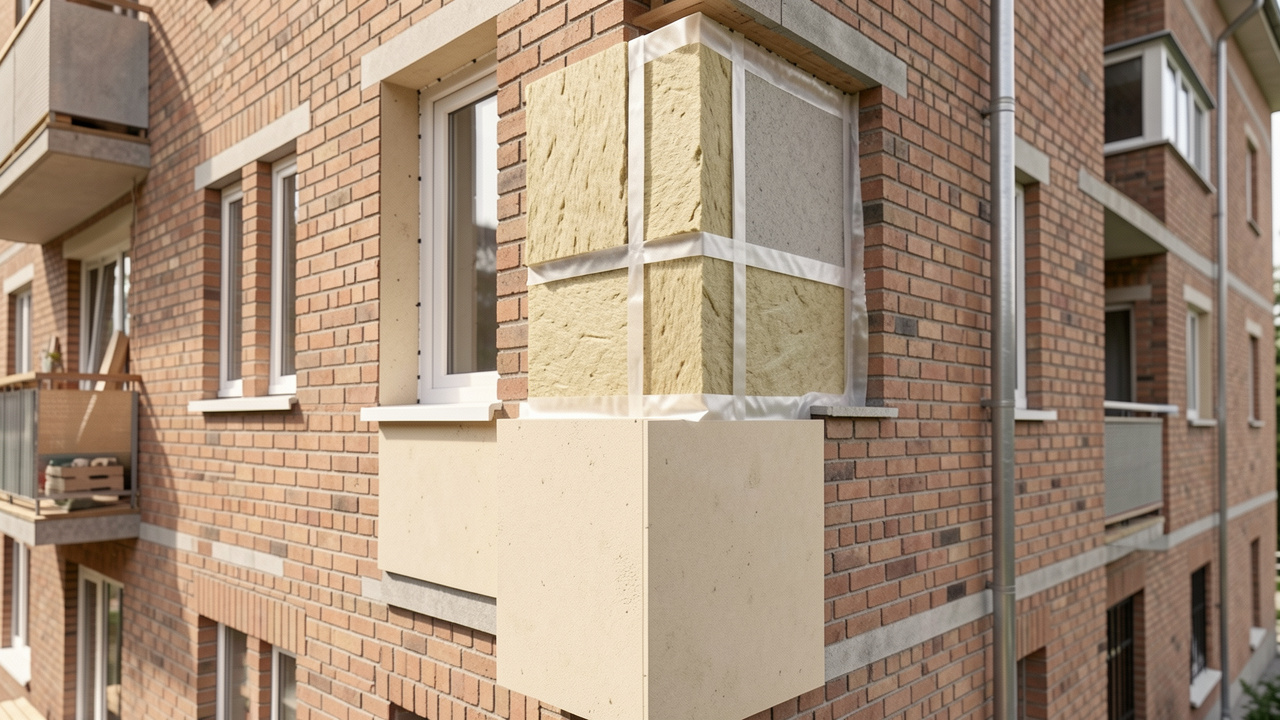 Vue en coupe d’un bâtiment ancien montrant la mise en place d’une isolation thermique intérieure avec panneaux isolants, pare-vapeur et finition en plaques de plâtre.