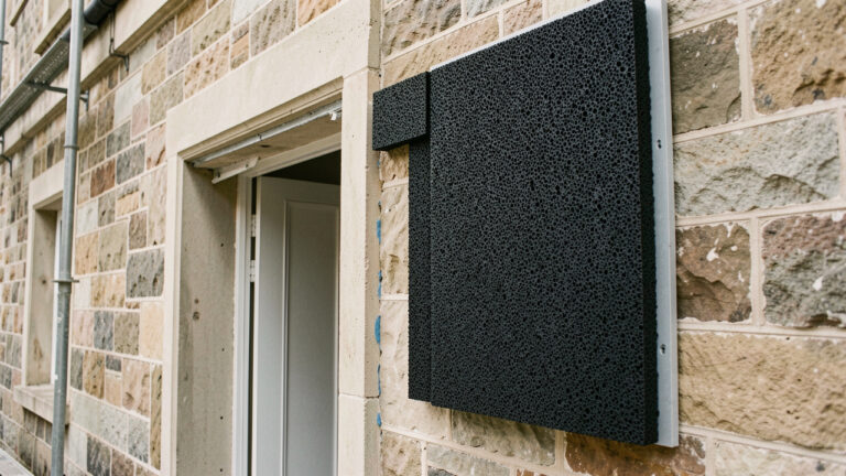 Panneaux de verre cellulaire noir installés dans le mur extérieur d’un bâtiment ancien pour améliorer son isolation thermique et sa résistance à l’humidité.