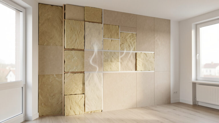 Vue en coupe d’un mur intérieur isolé avec des matériaux favorisant la prévention de la condensation et des moisissures dans une pièce saine.