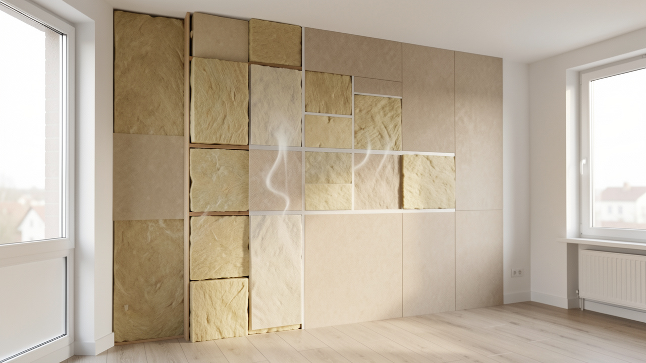Vue en coupe d’un mur intérieur isolé avec des matériaux favorisant la prévention de la condensation et des moisissures dans une pièce saine.
