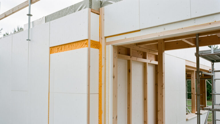 Panneaux isolants rigides en polyuréthane installés avec précision dans l’enveloppe d’un bâtiment moderne à haute efficacité énergétique.