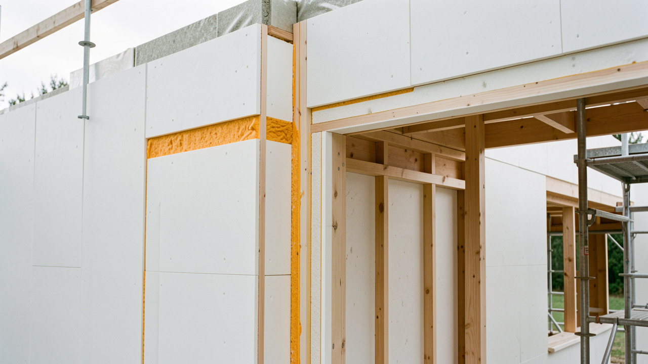 Panneaux isolants rigides en polyuréthane installés avec précision dans l’enveloppe d’un bâtiment moderne à haute efficacité énergétique.