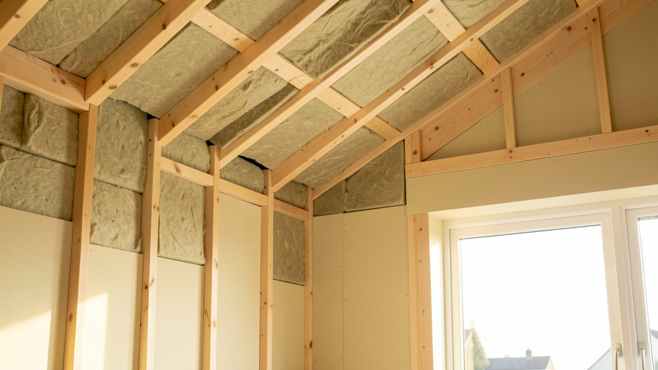 Panneaux de laine de verre installés entre les montants en bois d’une maison pour améliorer l’isolation thermique et acoustique.
