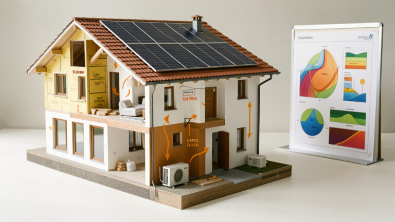 Maquette en coupe d’une maison présentant son efficacité énergétique et des solutions de rénovation comme l’isolation, les fenêtres performantes, les panneaux solaires et la pompe à chaleur.
