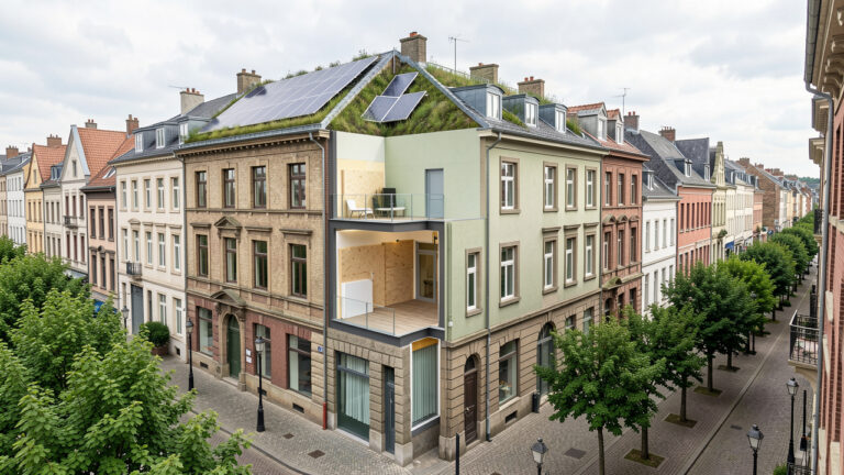 Bâtiments urbains historiques de Liège rénovés avec isolation extérieure, panneaux solaires, toitures végétalisées et rues arborées.