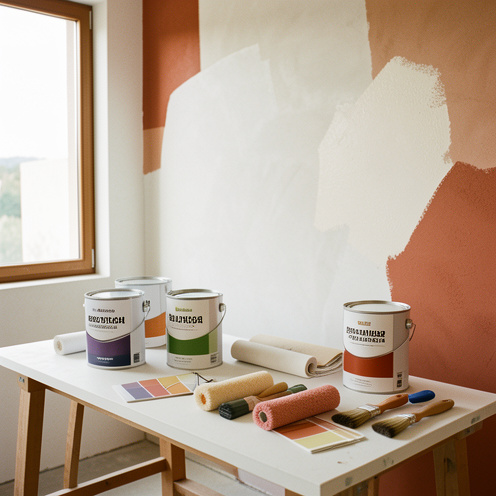 Pots de peinture professionnels sans marque, nuanciers, rouleaux et pinceaux disposés sur un établi de chantier devant un mur fraîchement peint.