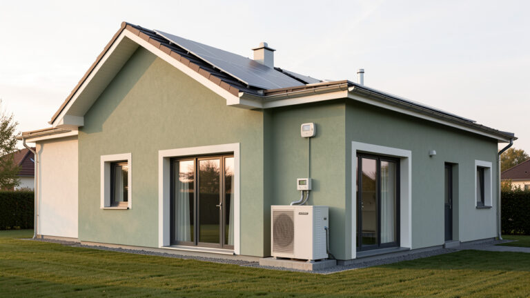 Bâtiment résidentiel moderne et écoénergétique équipé de panneaux solaires, d’une façade isolée et d’un compteur d’énergie.