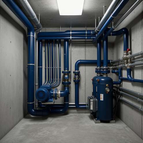 Pompes de circulation modernes installées dans une chaufferie propre et organisée, reliées à des conduites de chauffage et de refroidissement.