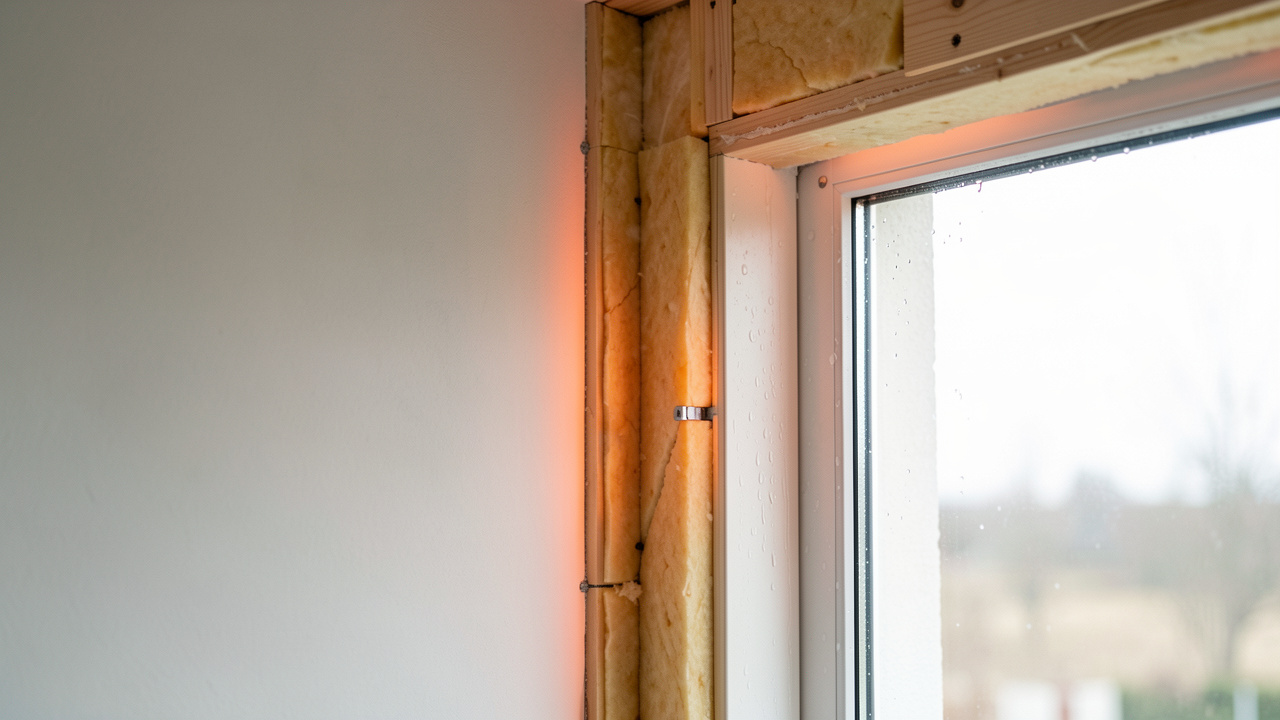 Intérieur moderne montrant un pont thermique autour d’une fenêtre, avec des zones froides, de légères gouttelettes de condensation et une isolation améliorée.