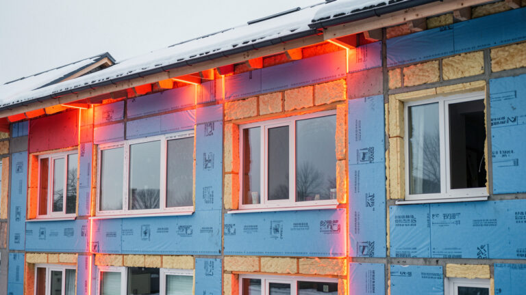 Façade d’un bâtiment rénové montrant les zones de ponts thermiques en tons rouges et orangés autour des fenêtres et des jonctions, contrastant avec l’isolation bleutée.