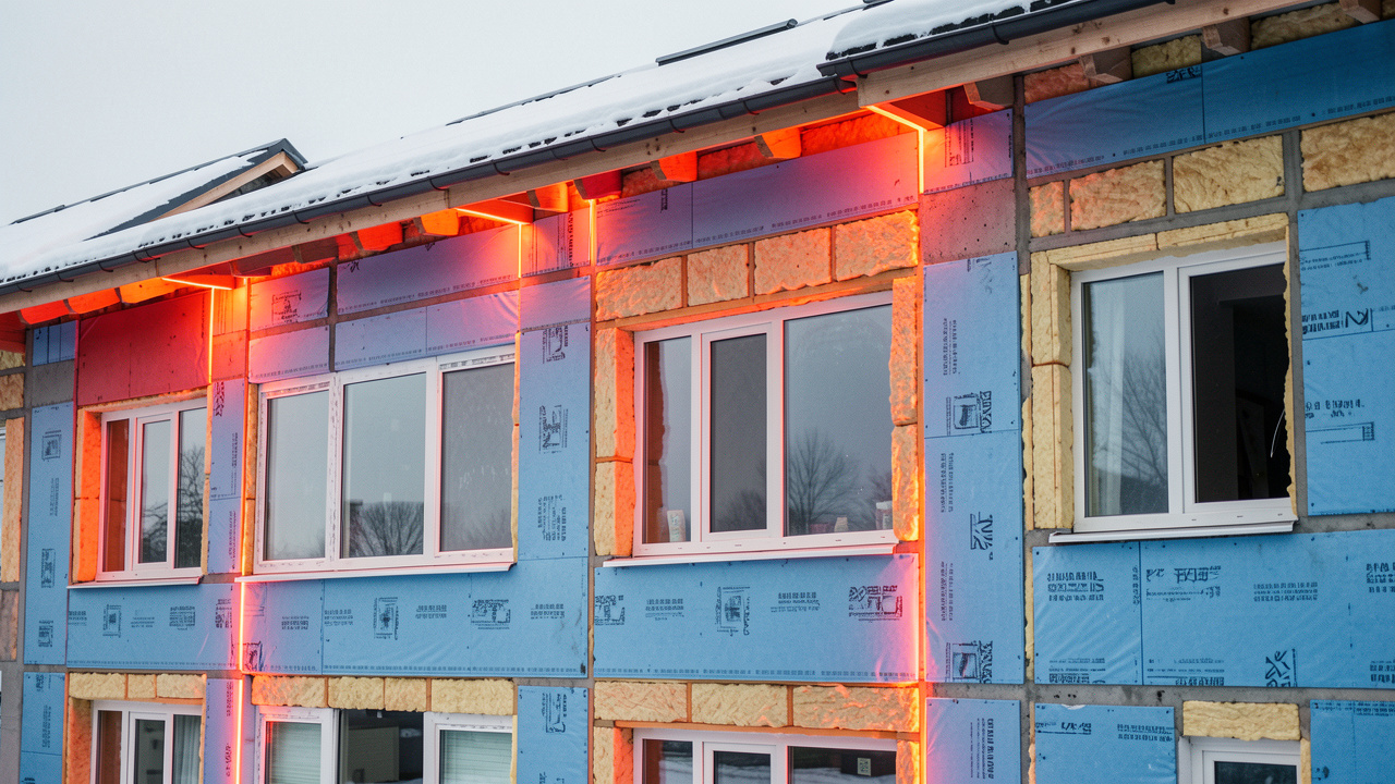 Façade d’un bâtiment rénové montrant les zones de ponts thermiques en tons rouges et orangés autour des fenêtres et des jonctions, contrastant avec l’isolation bleutée.
