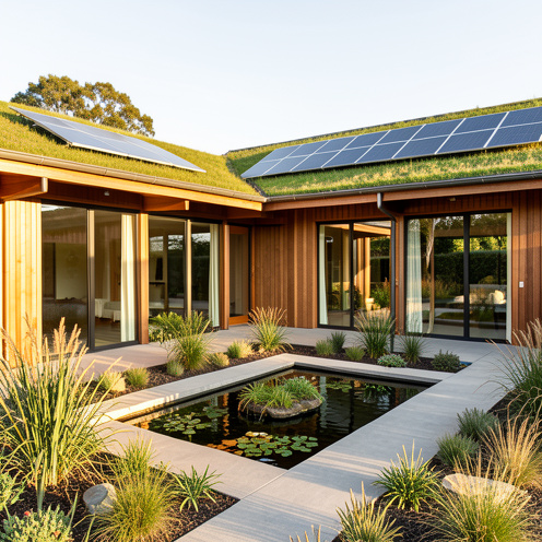 Bâtiment durable primé avec toiture végétalisée, panneaux solaires, architecture en bois et jardin paysager.