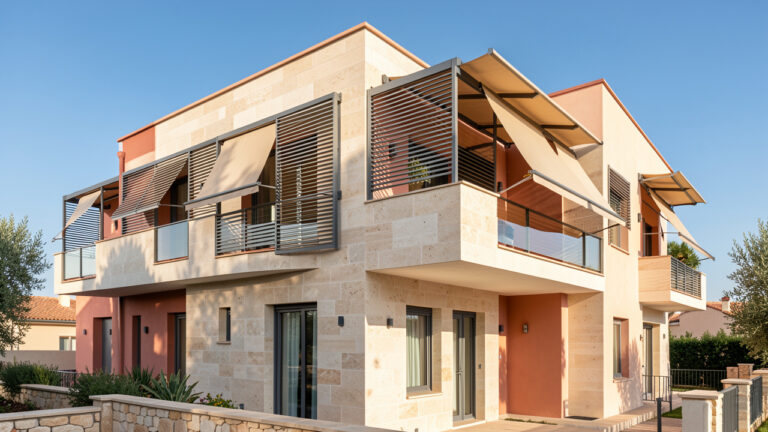 Façade d’un bâtiment rénové équipée de brise-soleil extérieurs et de stores pour limiter la surchauffe estivale.