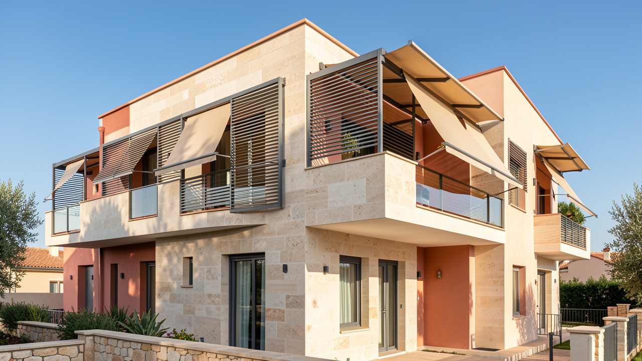 Façade d’un bâtiment rénové équipée de brise-soleil extérieurs et de stores pour limiter la surchauffe estivale.