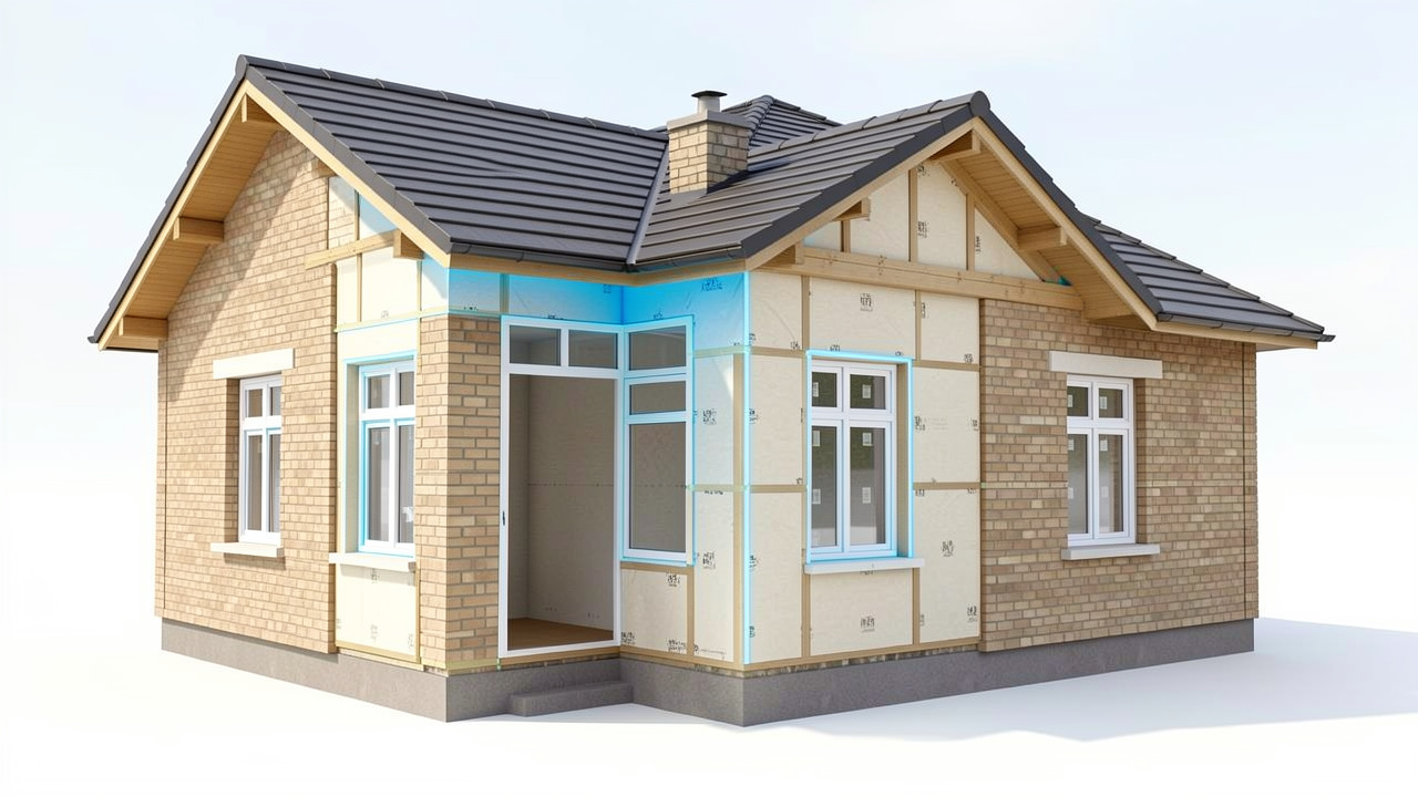 Vue en coupe d’un bâtiment existant rénové avec une isolation extérieure continue, des fenêtres isolantes et des jonctions mur-toiture soigneusement étanchées.