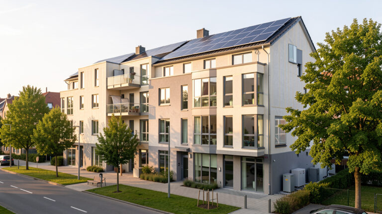 Immeubles urbains existants rénovés avec façades isolées, panneaux solaires, fenêtres performantes et équipements de chauffage efficaces.