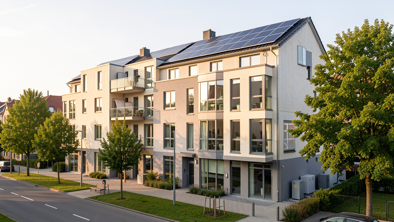 Immeubles urbains existants rénovés avec façades isolées, panneaux solaires, fenêtres performantes et équipements de chauffage efficaces.