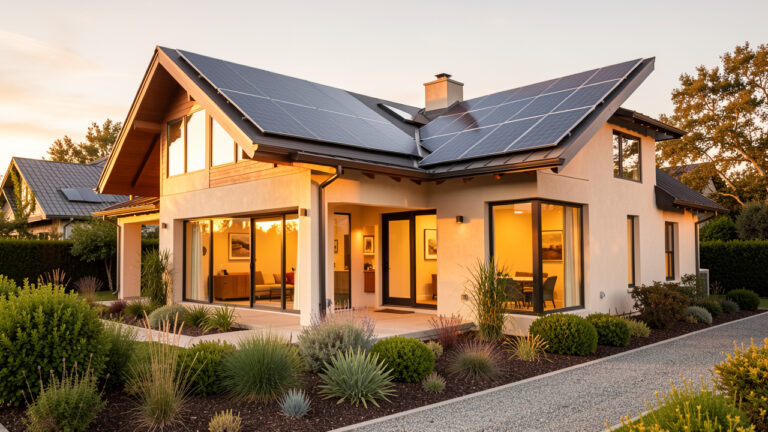 Maison contemporaine rénovée avec panneaux solaires, fenêtres performantes et jardin paysager, illustrant l’amélioration énergétique et la valorisation immobilière.