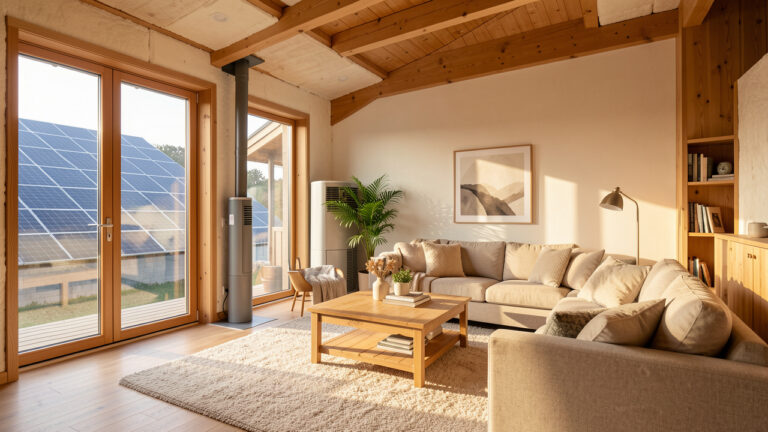 Intérieur moderne et confortable d'une maison écoénergétique avec panneaux solaires, pompe à chaleur et matériaux naturels.
